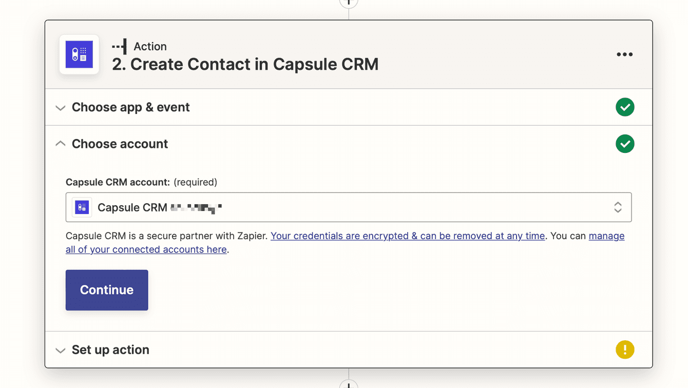 How to select your Capsule account when setting up the Facebook to Capsule Zap