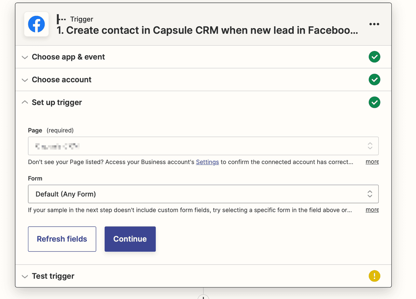 How to select a page and form when setting up the Facebook to Capsule Zap