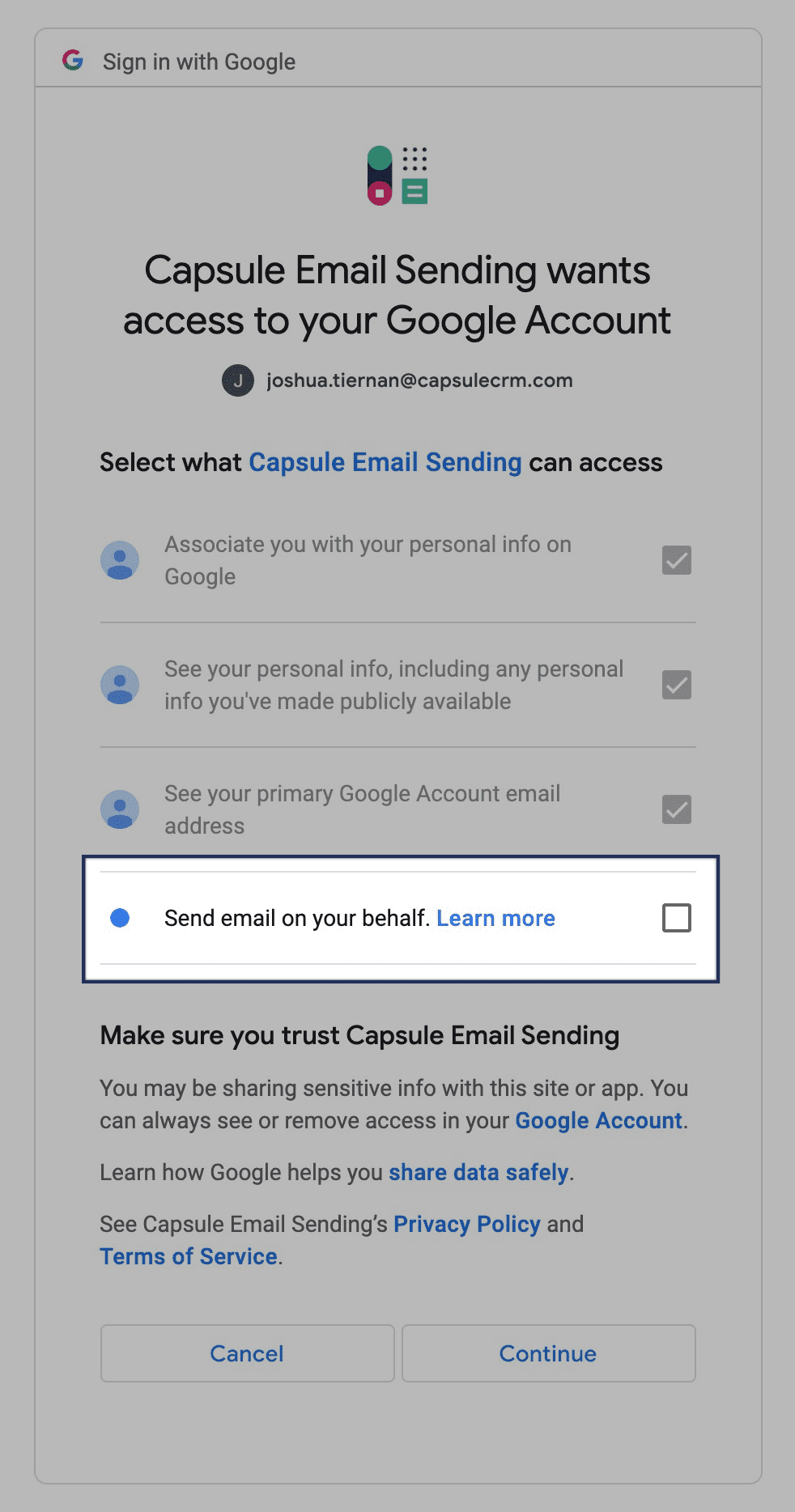 Allow Capsule to send on your behalf checkbox