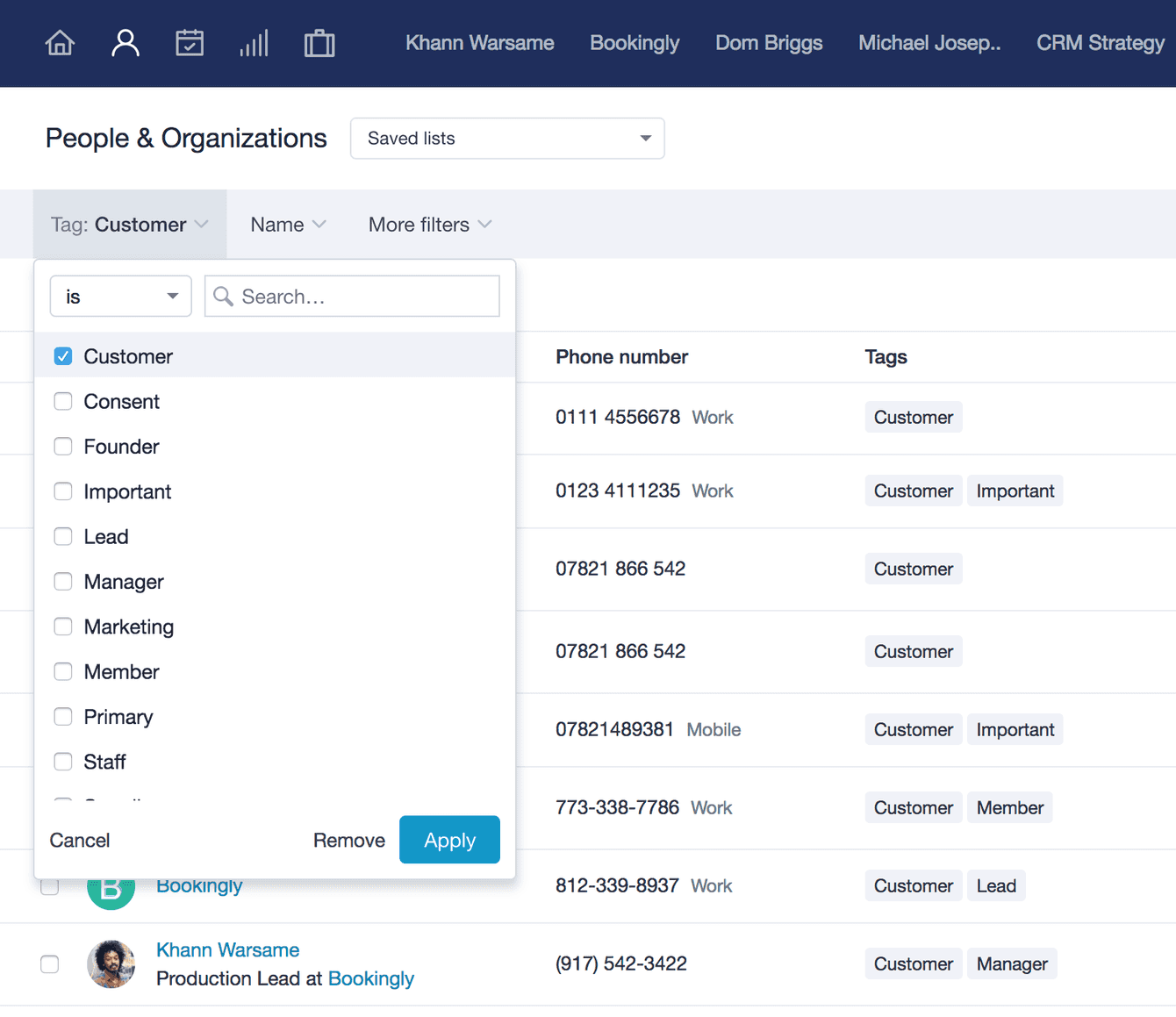 filter options by tag for people and
organisations