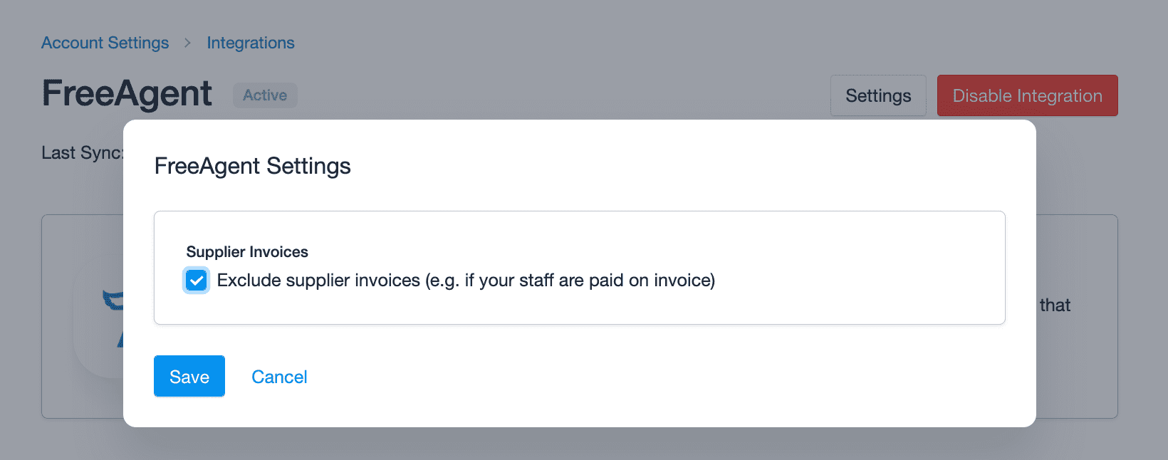 FreeAgent integration settings with option to exclude supplier invoices