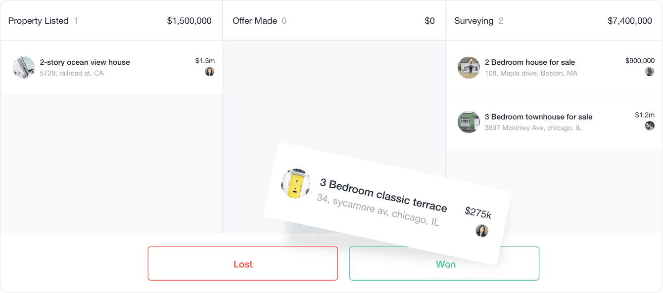 Kanban board view with a sold house card being dragged to 'won'