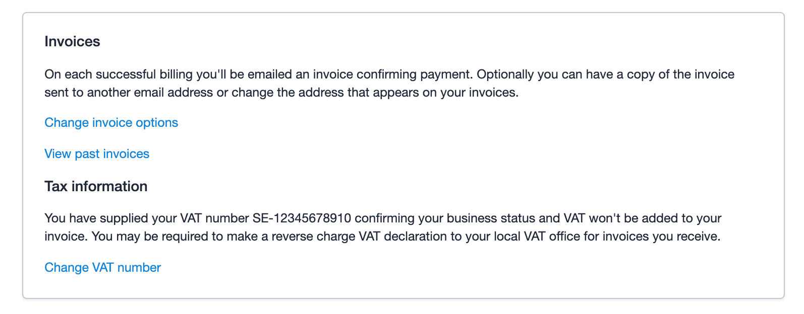 Tax information section on the account and plan page displaying a link to change vat number option