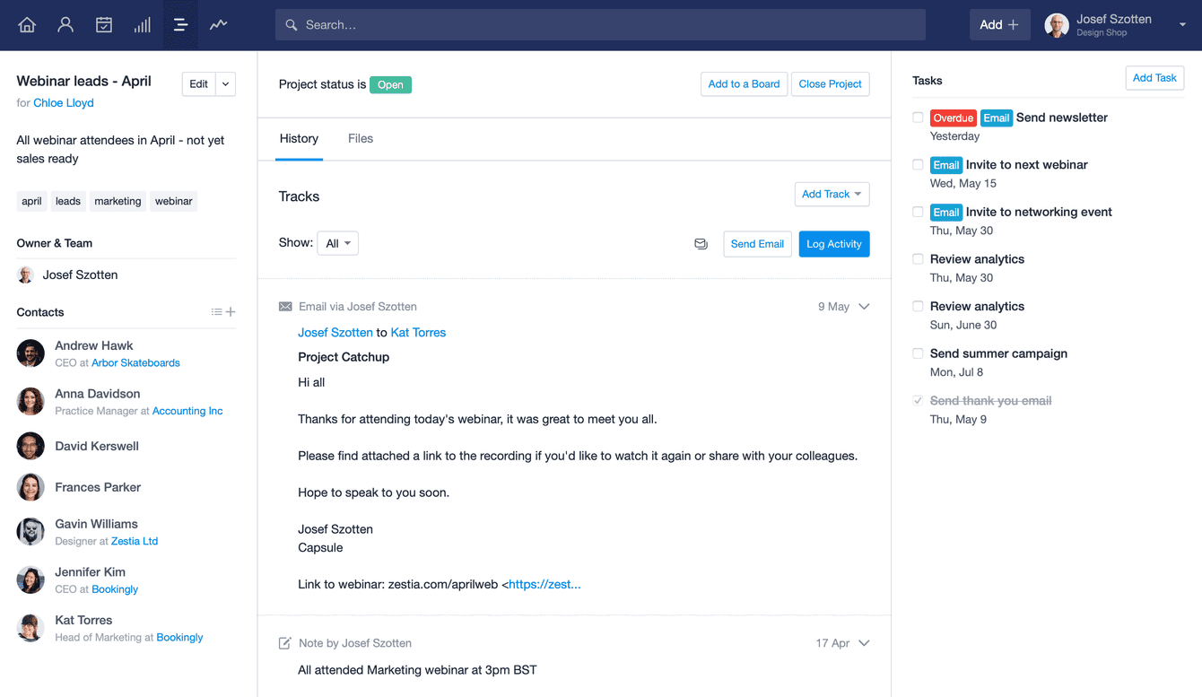 A marketing Project in Capsule - for example listing tasks, grouping individuals for emails