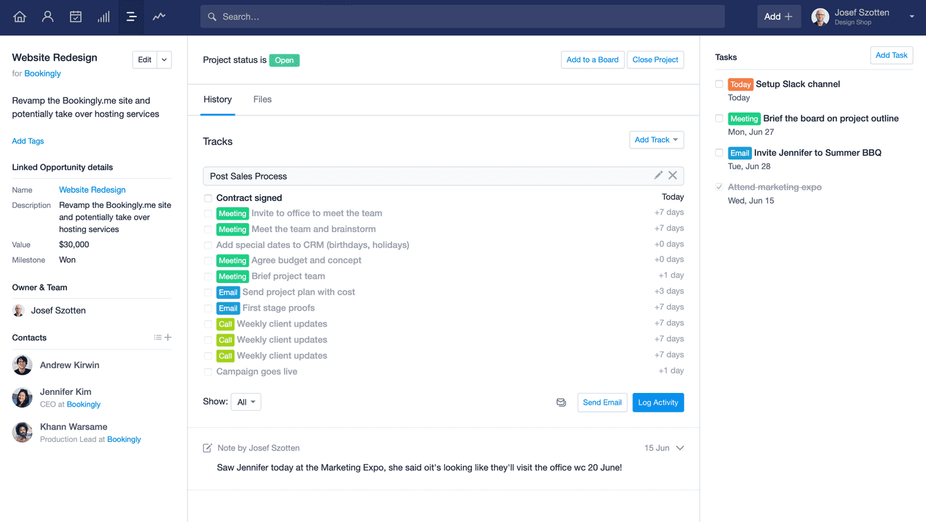 A project in Capsule with a task list for the success / customer-focussed team