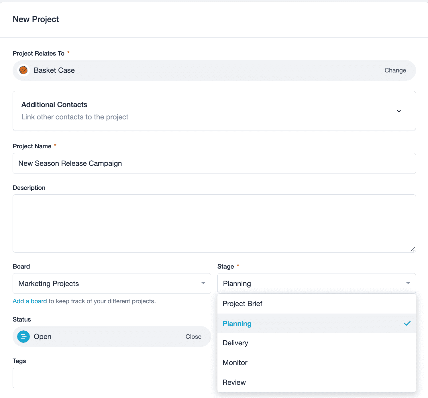 New Project edit screen displaying the field options to assign the Project a board and a stage