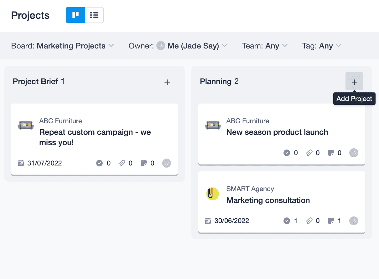 The project board with columns displayed. At the top of each column is a + icon which allows the user to create a new project on that stage