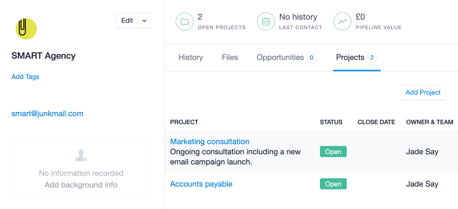 The linked organization record is displayed with the Projects tab selected. Two projects for that organization are listed.