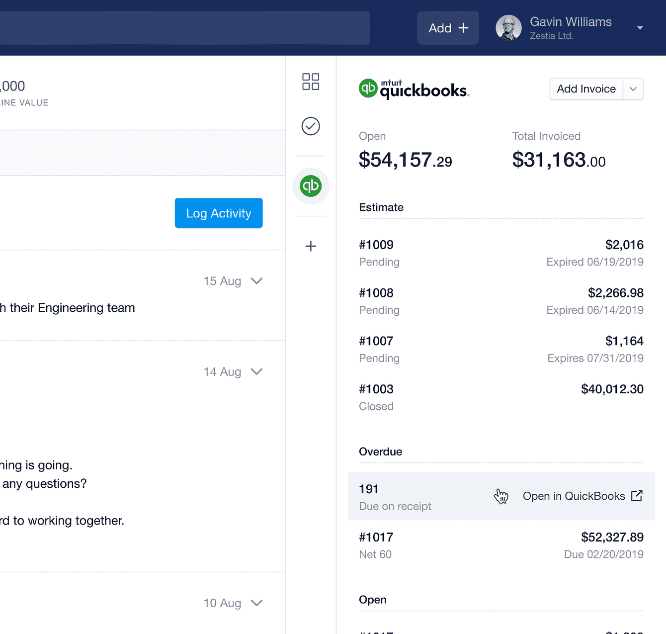 the quickbooks sidebar within Capsule