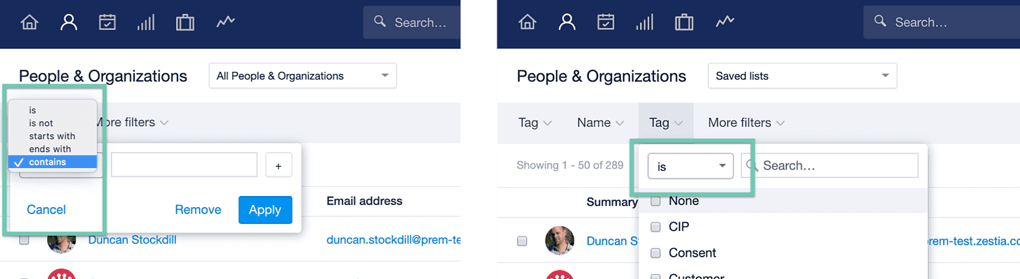 two panels with two versions of the People & Organizations section in Capsule - the first showing a text filter with 'contains' selected, the other with 'is' selected