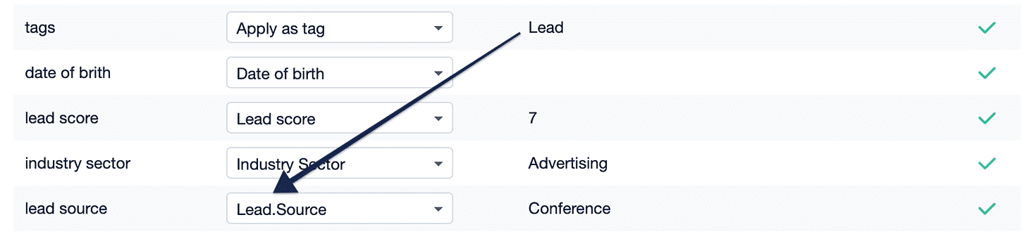 A custom field source within a data tag is displayed as lead.source