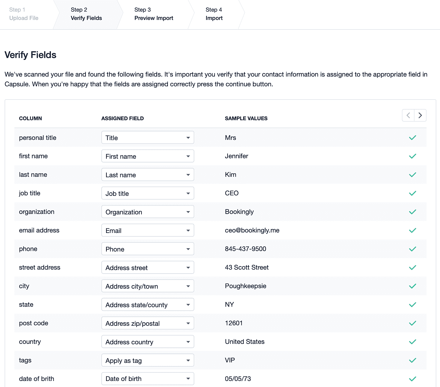 Preview of mapped fields