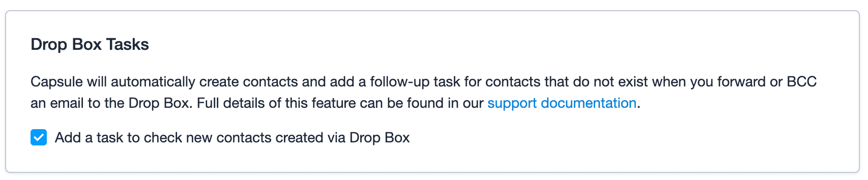 Drop Box Tasks section of the My Preferences page with the check box selected so users are assigned tasks when contacts are created by the drop box.