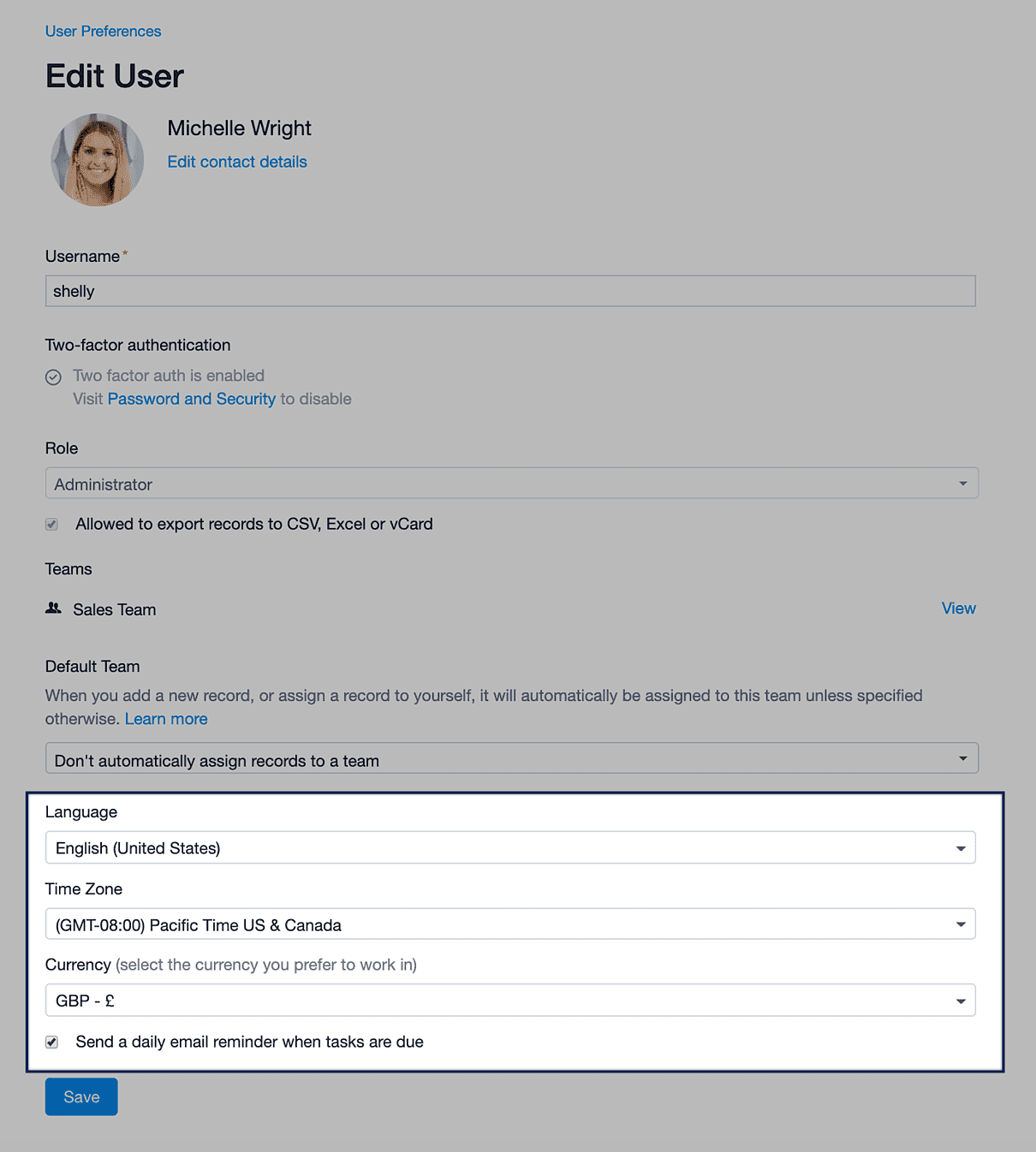 Language and timezones preferences