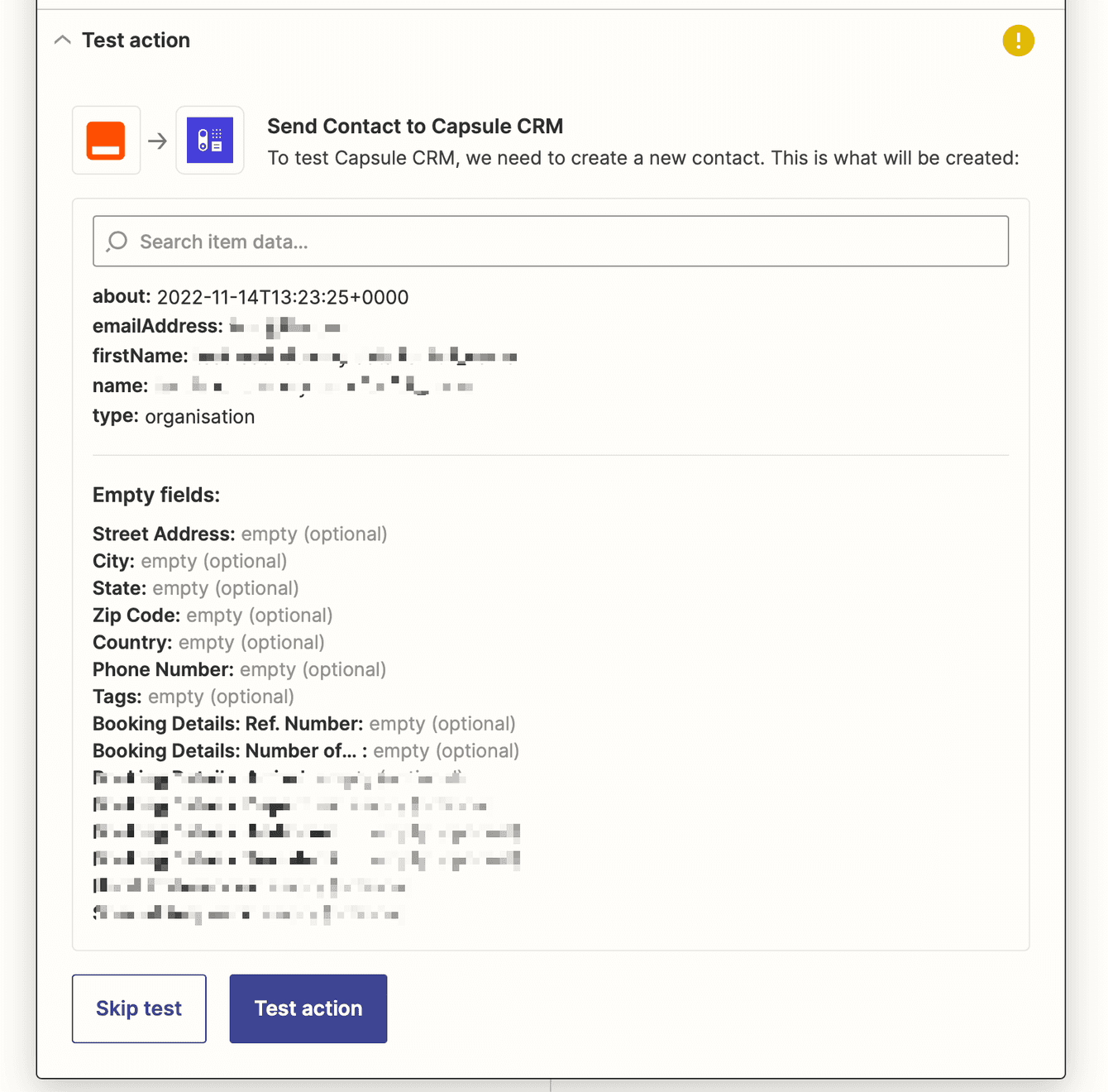 How to test and review your action event when setting up the Facebook to Capsule Zap