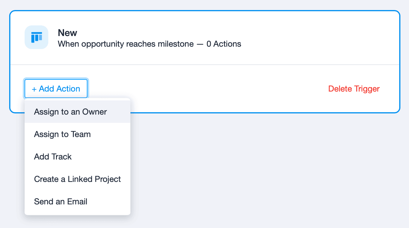 the actions available for a specific workflow automation trigger