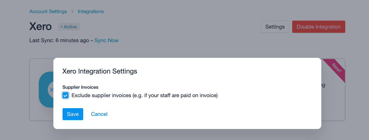 Xero integration settings with option to exclude supplier invoices