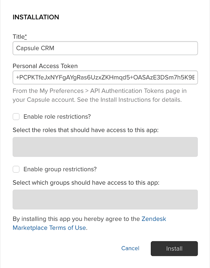 Installation form with text field to add the personal access token and an install button